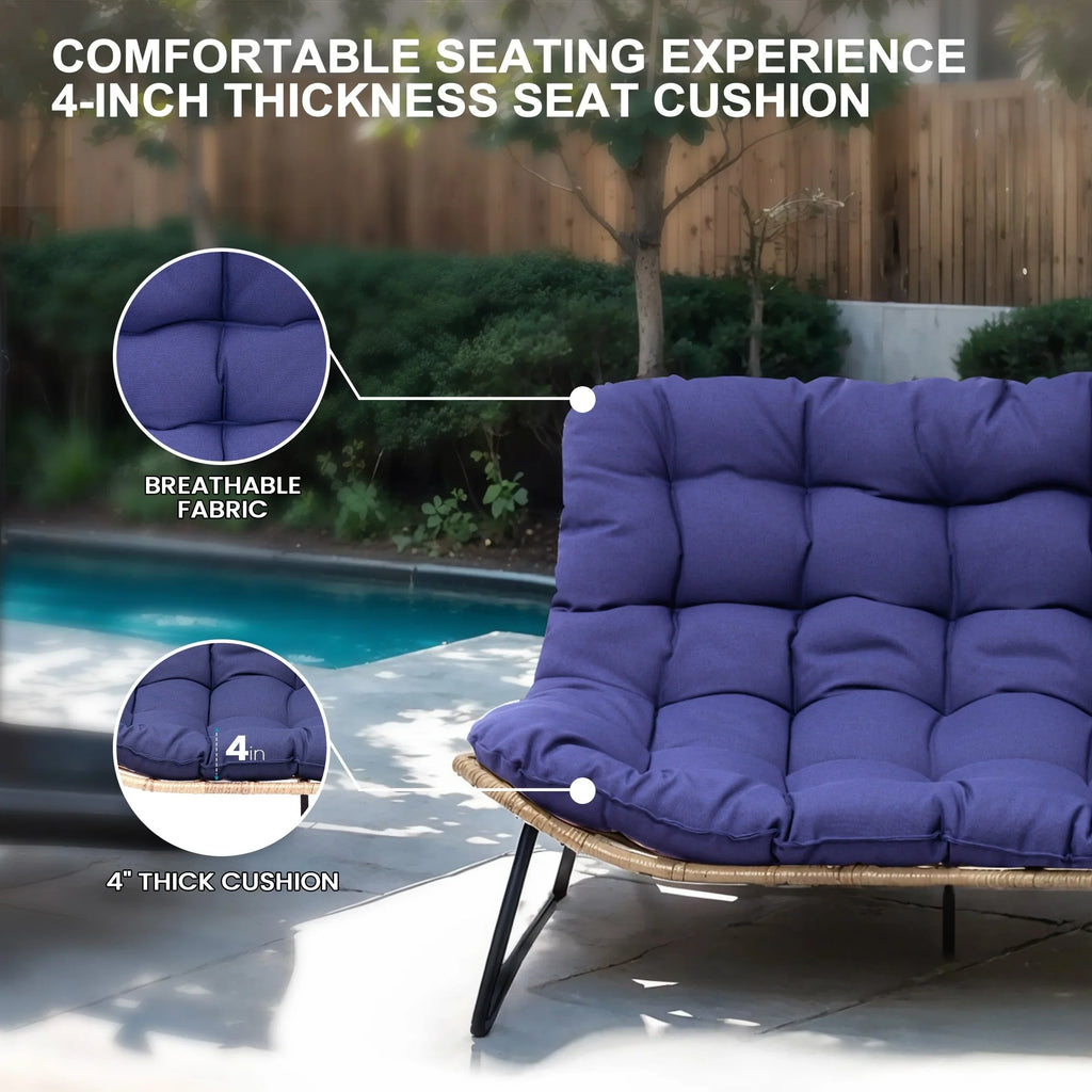 Divanetto due posti Double Papasan con cuscino, in rattan PE per tutte le stagioni e struttura in metallo per interni ed esterni