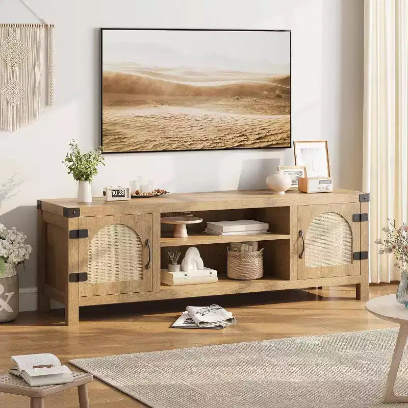 Mobile porta TV da 65 pollici in stile bohémien con anta in vimini - Mobile da salotto in legno con due armadietti e ripiani regolabili, adatto per soggiorni