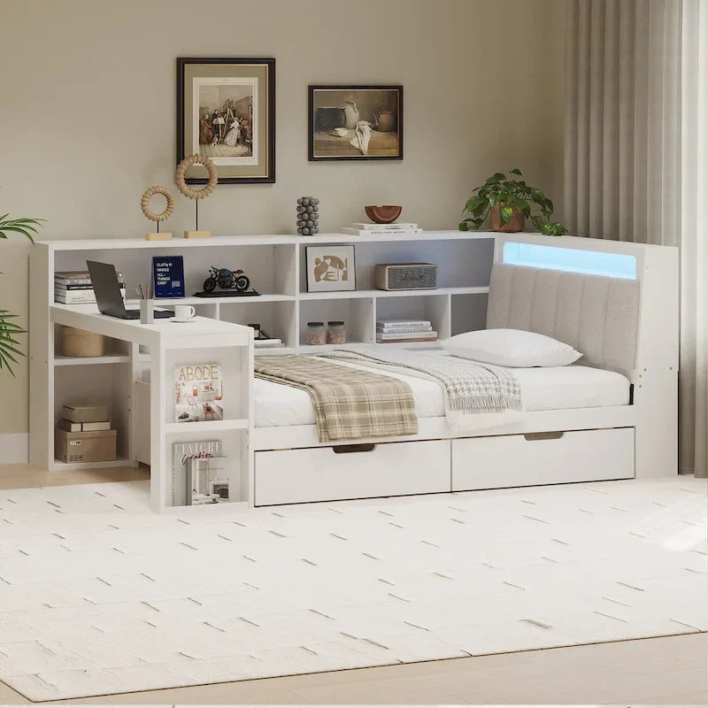 Divano Letto a "L" in Legno con Scrivania, Mobile Libreria, Letto Angolare con Cassetti Sottostanti, Testiera Imbottita con Luce Integrata
