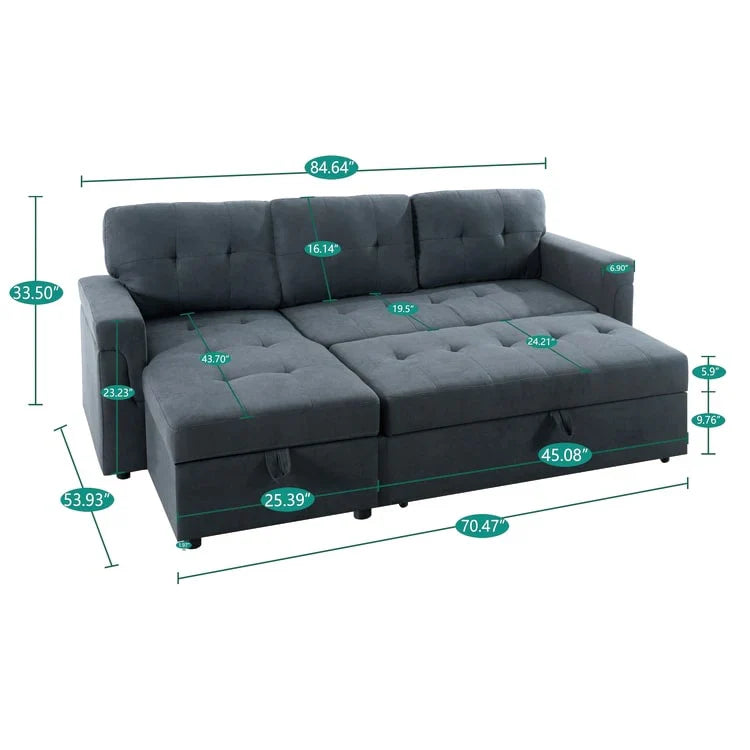 Divano componibile convertibile reversibile con letto estraibile, chaise longue con contenitore nascosto e gambe durevoli