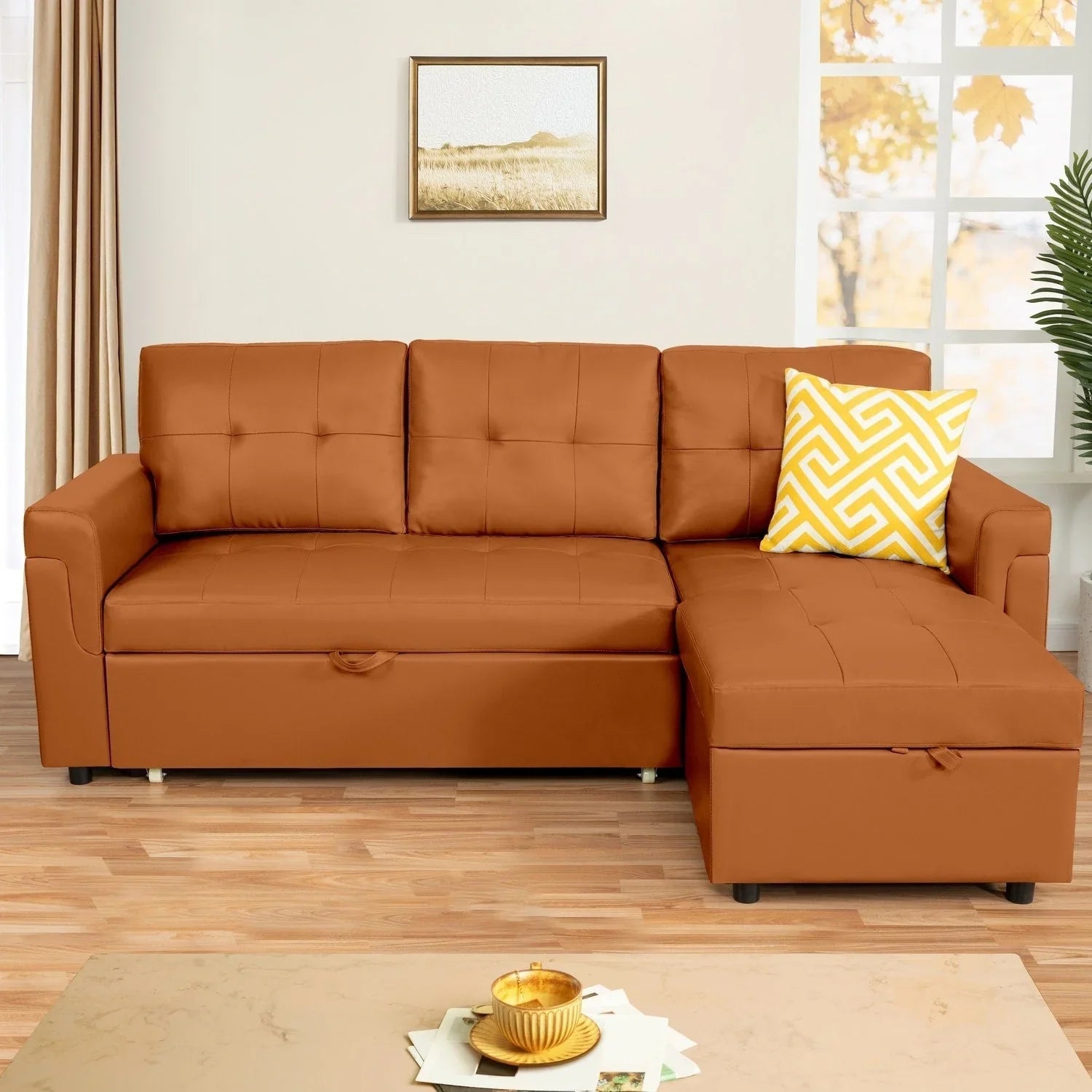 Divano componibile convertibile reversibile con letto estraibile, chaise longue con contenitore nascosto e gambe durevoli