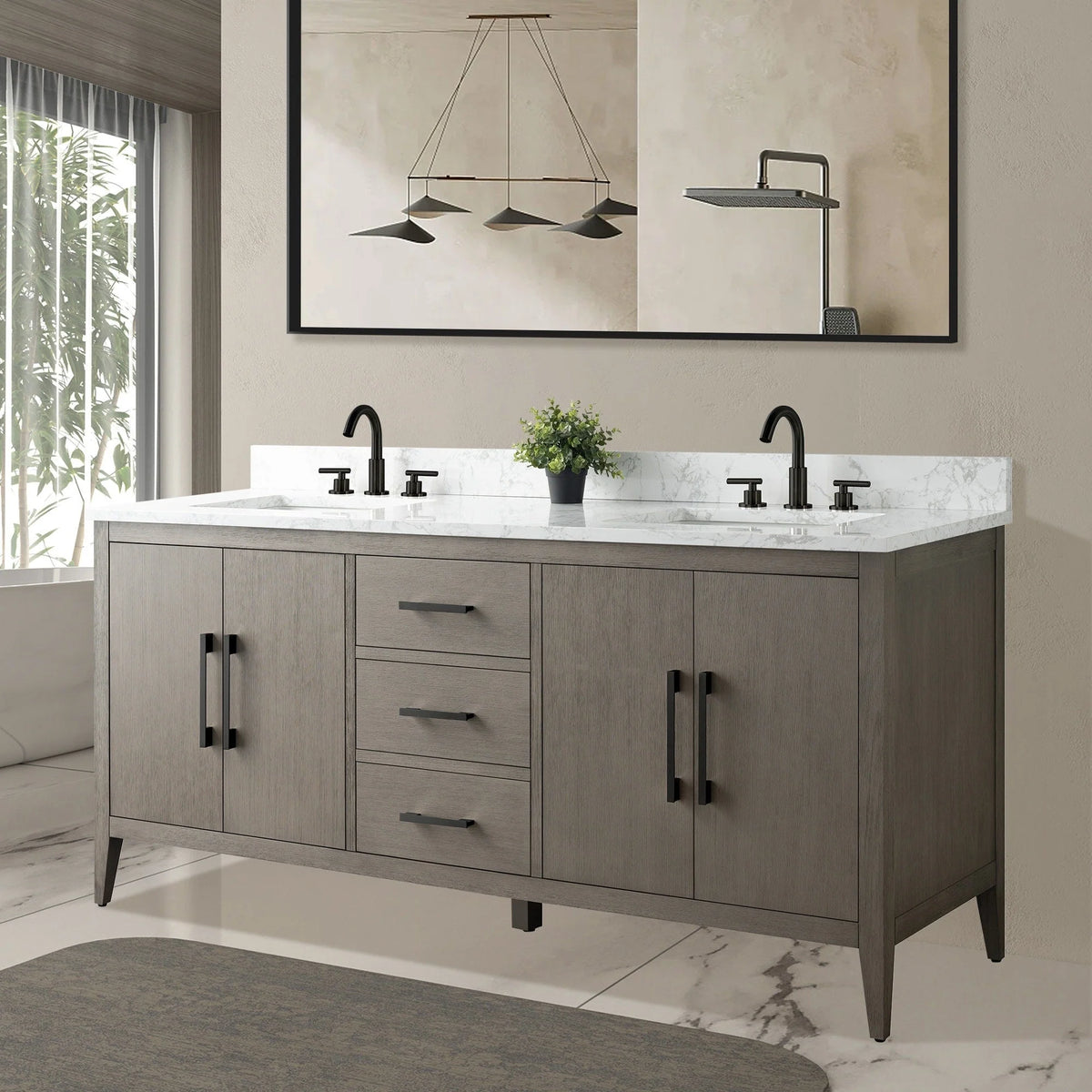 Mobile lavabo doppio Vanity Art 72 per bagno con piano in marmo composito