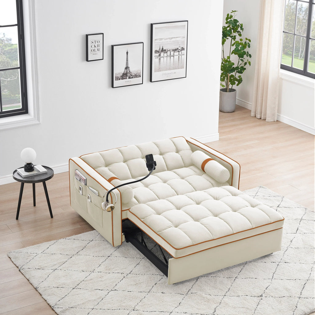 Divano letto trasformabile a 2 posti in velluto da 140 cm con letto estraibile, reclinabile, tasche laterali e supporto per telefono