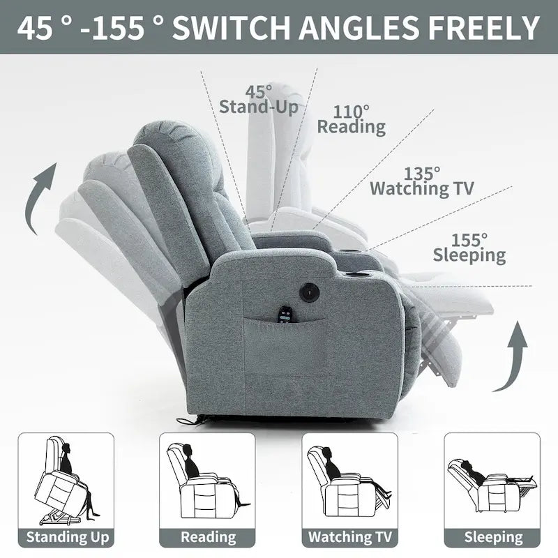 Poltrona reclinabile Power Lift, poltrona massaggiante moderna a motore singolo con riscaldamento lombare, porta di ricarica USB, portabicchieri