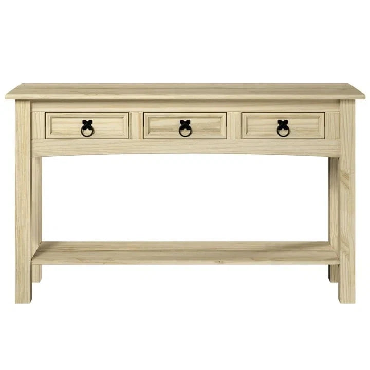 Tavolo Consolle Rustico in Pino Massiccio per Ingresso, Bianco Decapato / Marrone Antico / Grigio Decapato / Non Verniciato, 3 Cassetti