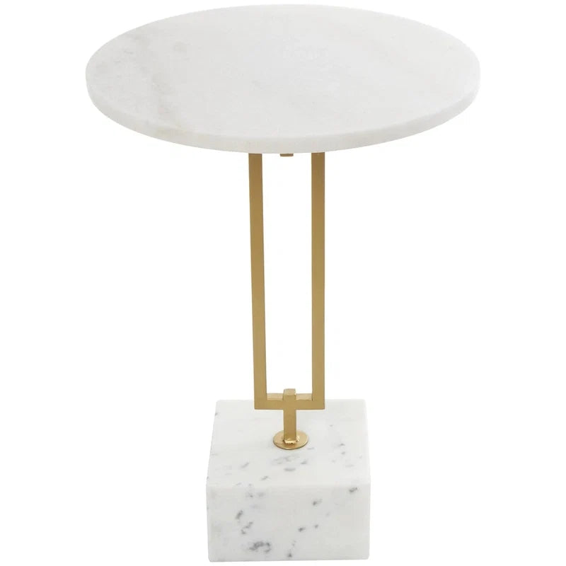 Tavolino d'appoggio/laterale geometrico in marmo con base rettangolare in metallo dorato - Bianco