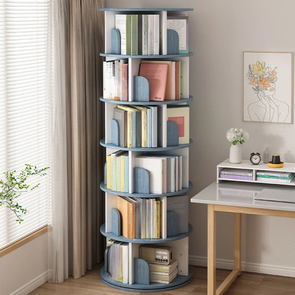 Libreria girevole cilindrica in legno marrone con schienale aperto
