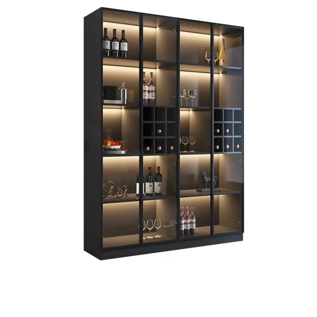 Mobile portabottiglie minimalista in legno nero con anta in vetro