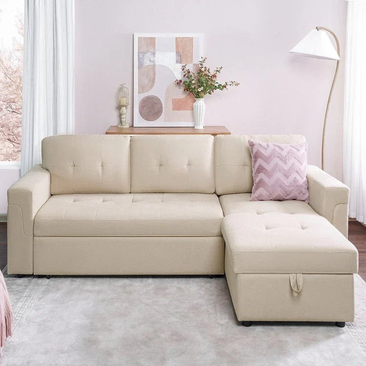 Divano sezionale reversibile con letto estraibile, chaise longue con contenitore nascosto, gambe durevoli,
