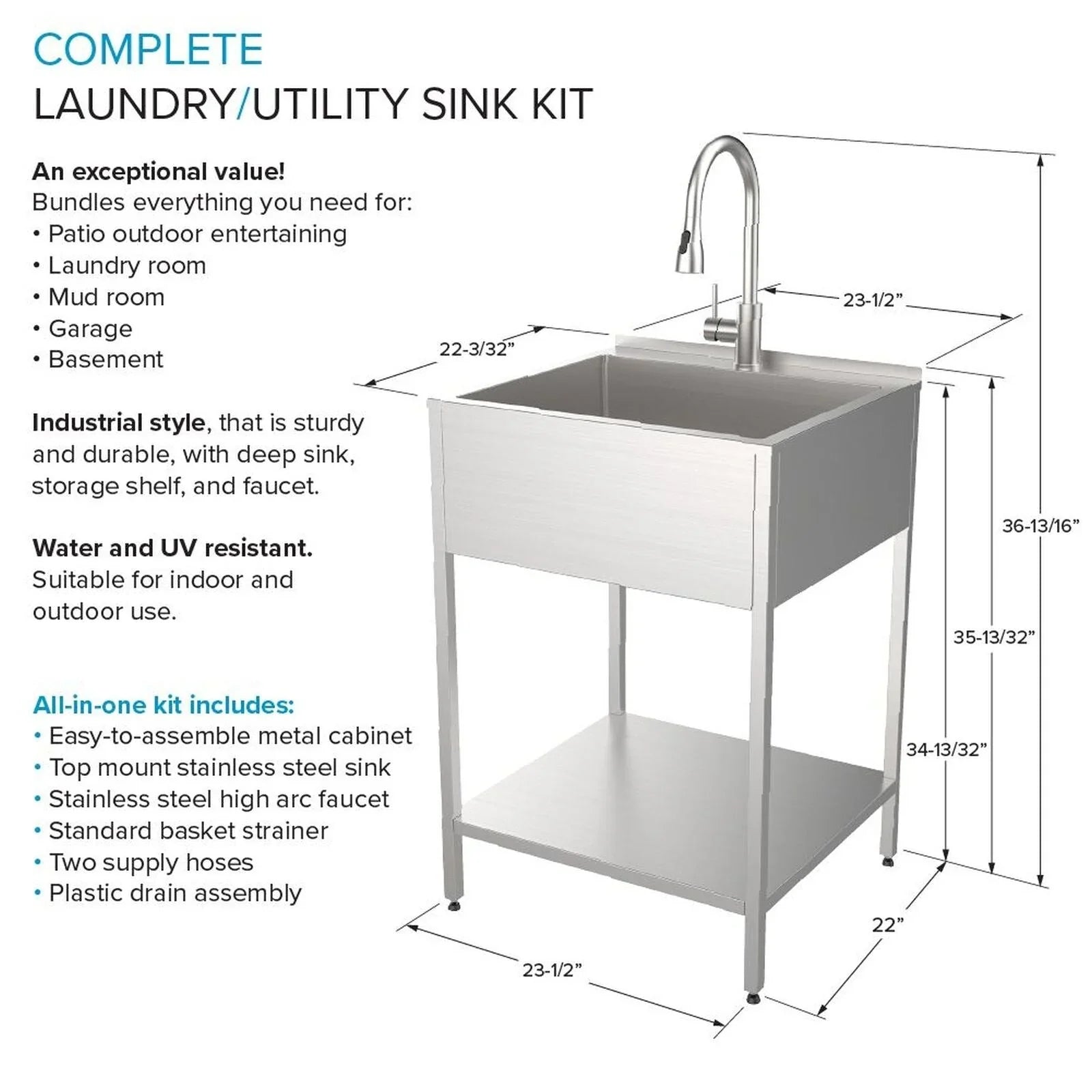 Lavatoio e mobile in acciaio inox 24" L x 22" P x 35" H