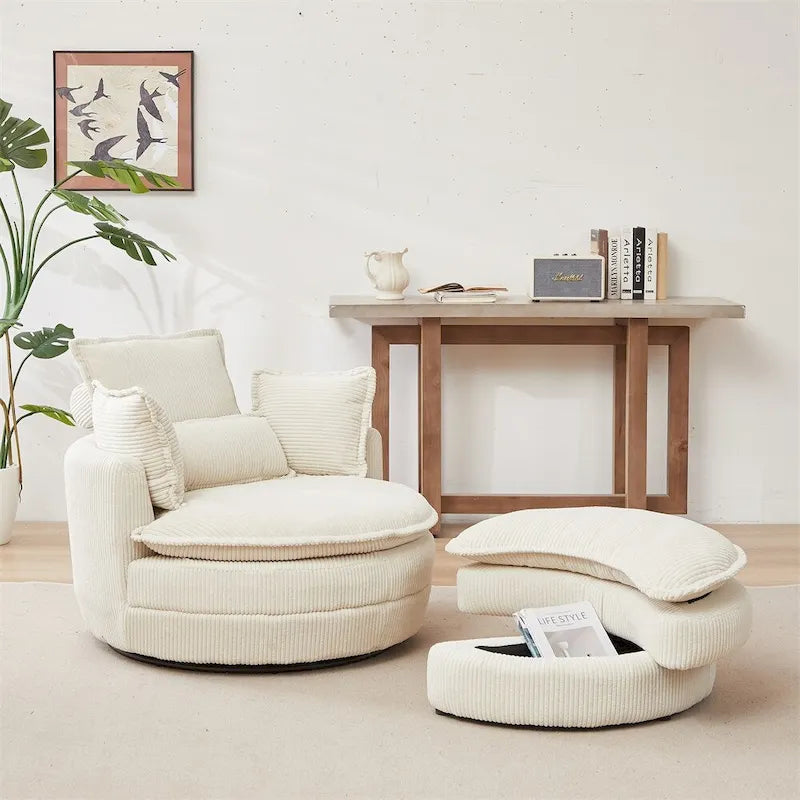 Poltrona girevole oversize con pouf contenitore Moon con 4 cuscini