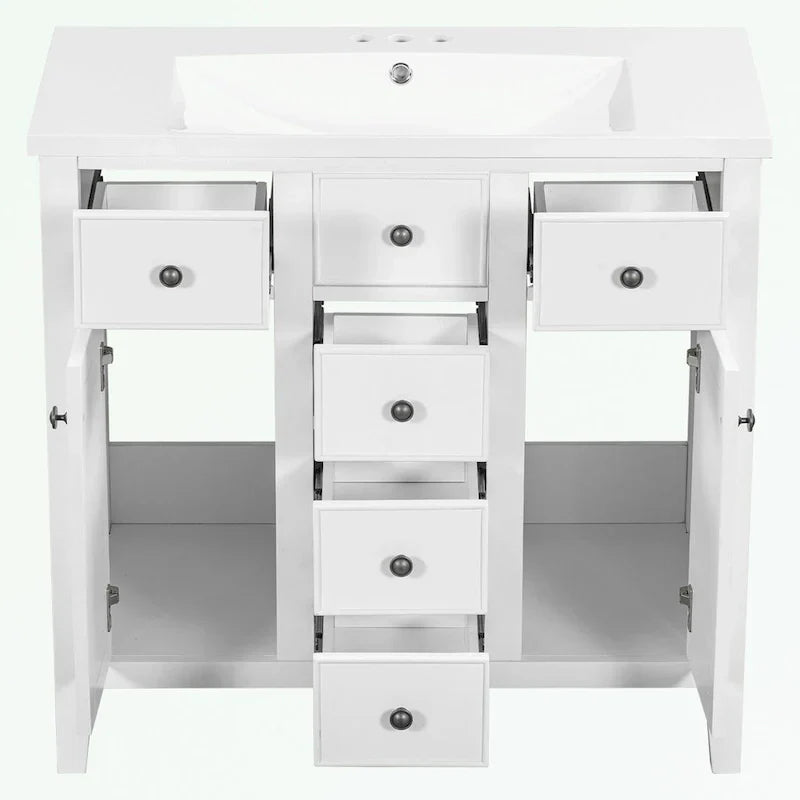 Mobile bagno con lavabo in ceramica, due ante e cinque cassetti