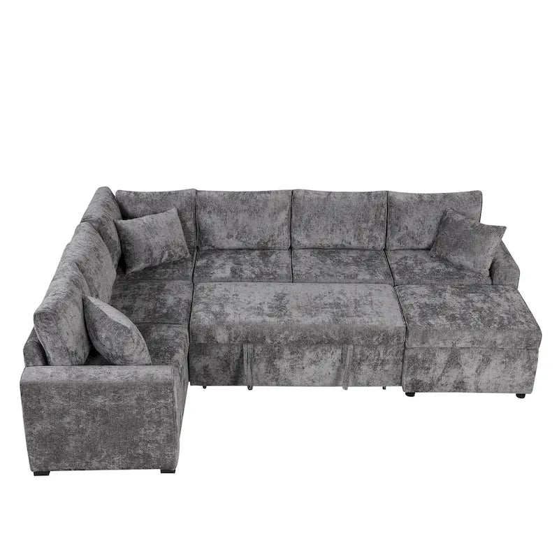 Divano sezionale in ciniglia con letto estraibile, divano letto a L con pouf contenitore, 3 cuscini e dispositivi di ricarica