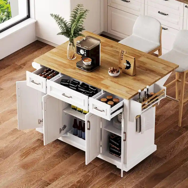 Grande isola da cucina con ribalta in legno, carrello da cucina arrotolabile con texture in rilievo, ante e cassetti con contenitore per cucina, bianco