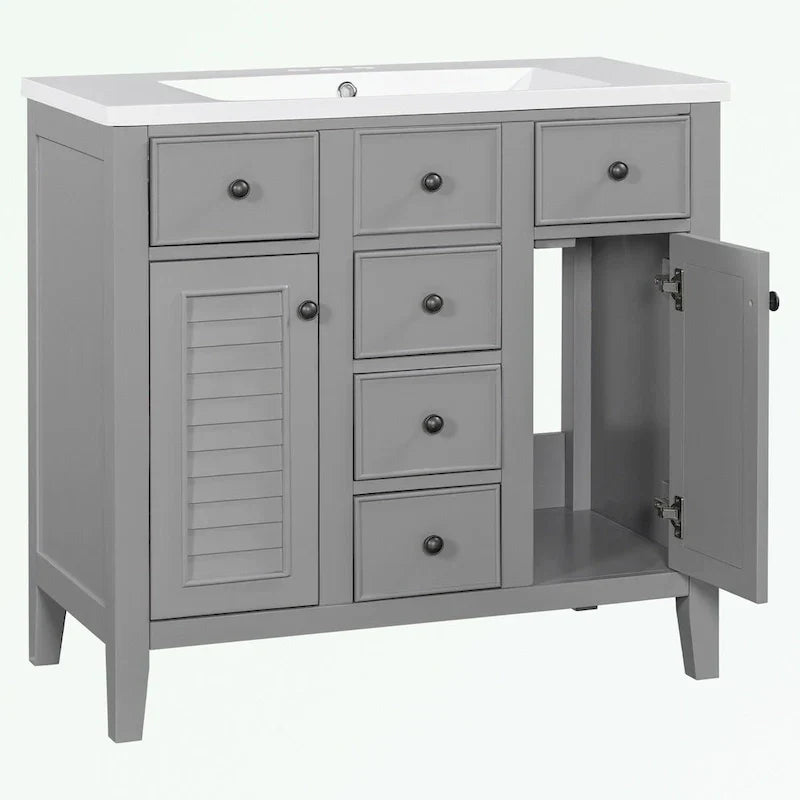 Mobile bagno con lavabo in ceramica, due ante e cinque cassetti
