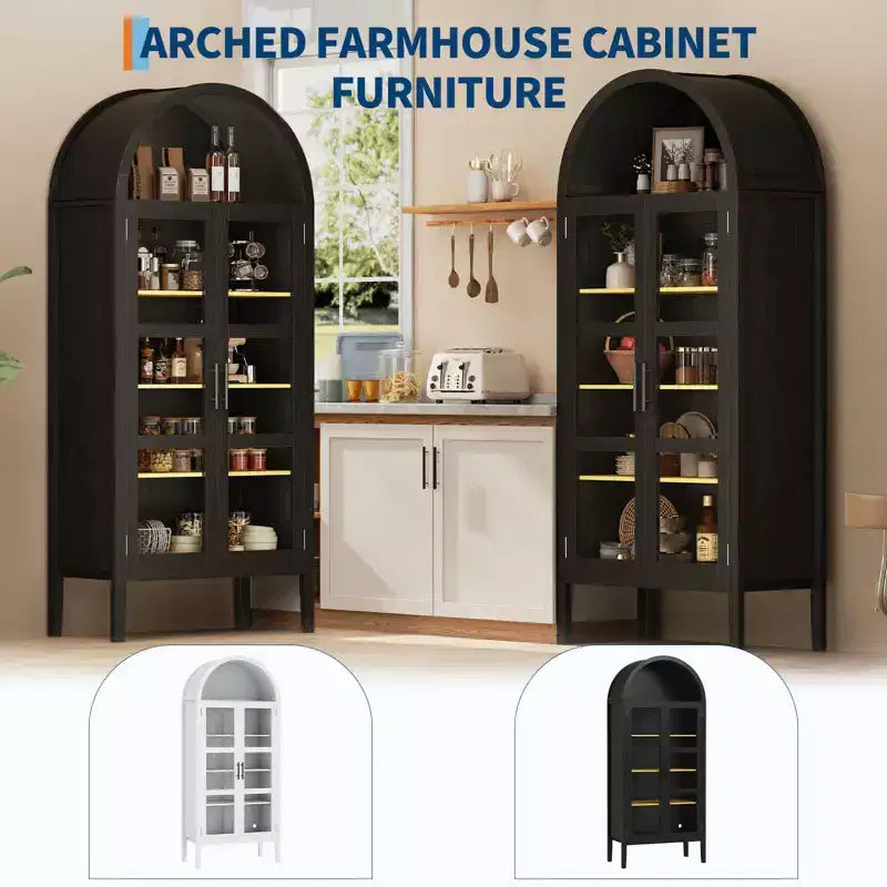 Mobile Contenitore, Nero/Bianco, Stile Arco, Singolo, Alto 71 con Luci a LED e Ante in Vetro