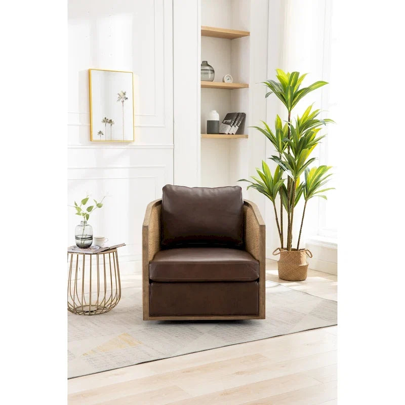 Poltrona a botte girevole, comoda poltrona rotonda d'accento, poltrona club a botte girevole a 360 gradi, poltrona relax con struttura in rattan intrecciato