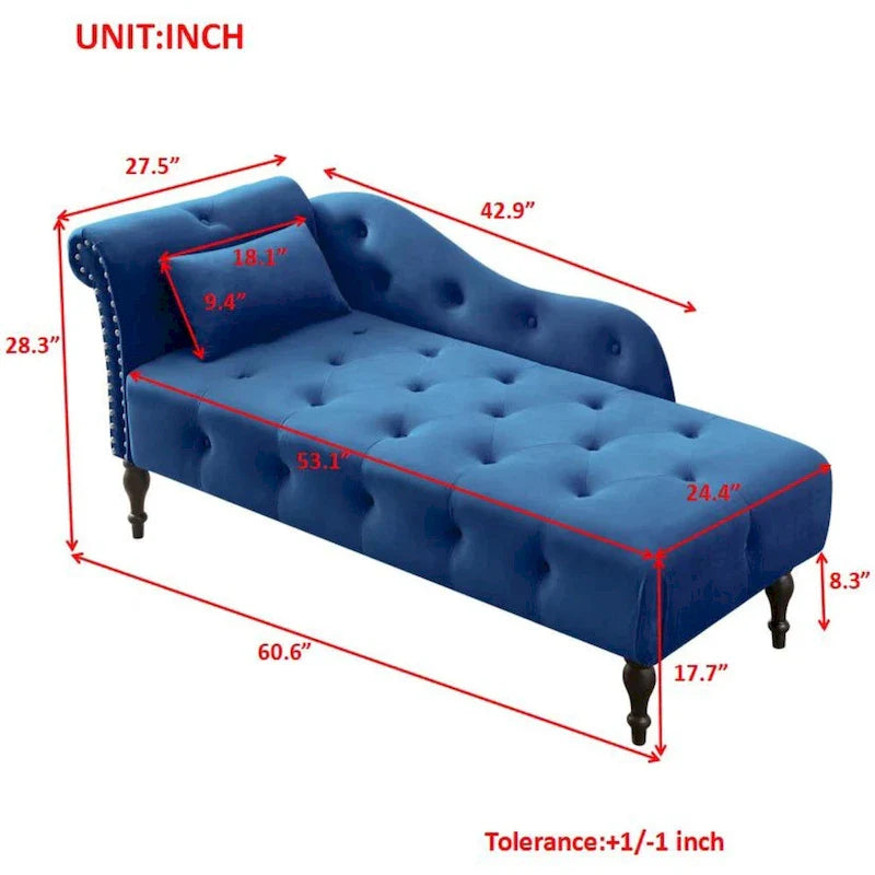 Chaise longue moderne de 154 cm avec revêtement en velours, boutons capitonnés, pieds en bois massif et clous de tapissier