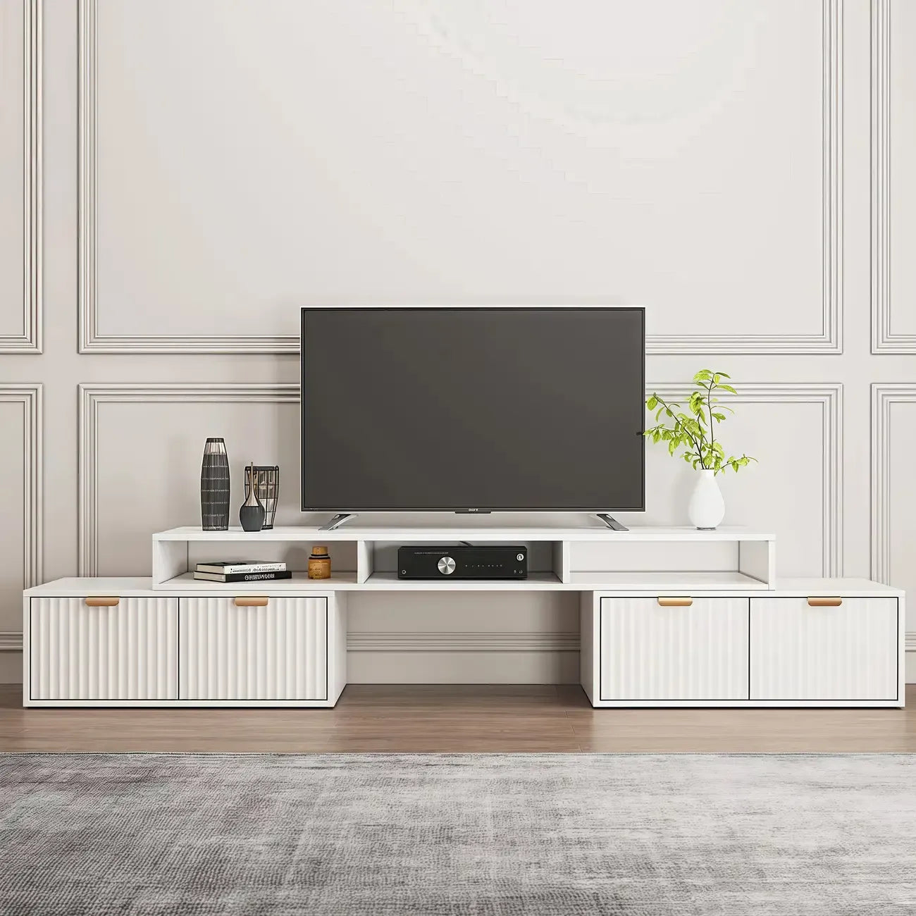 Mobile TV angolare con 2 cassetti e vani a giorno, bianco moderno