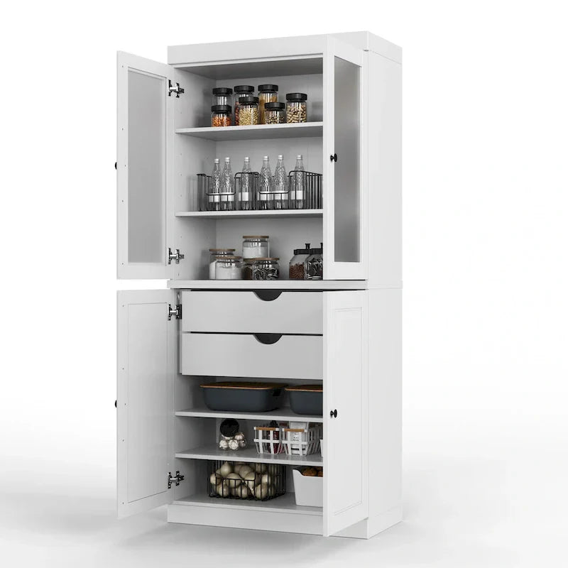 Mobile Dispensa in Legno Massello al 100% con Ante in Vetro Satinato, Ante Piene, 2 Cassetti e Ripiani Regolabili