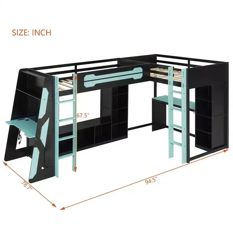 Letto a soppalco a L da gaming con scrivanie, letti a soppalco doppi con luci LED, porte USB, scaffali portaoggetti, letto a soppalco ad angolo in legno per 2