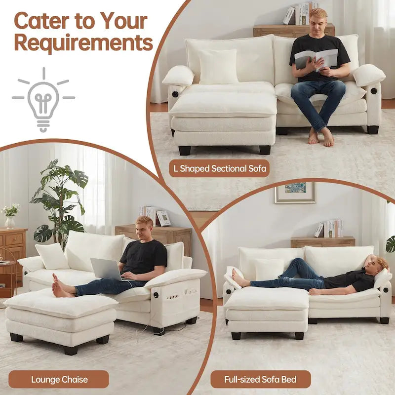 Divano Sezionale Modulare, Comodo Divano Sezionale Cloud con Pouf, Divano Letto a Seduta Profonda per Soggiorno