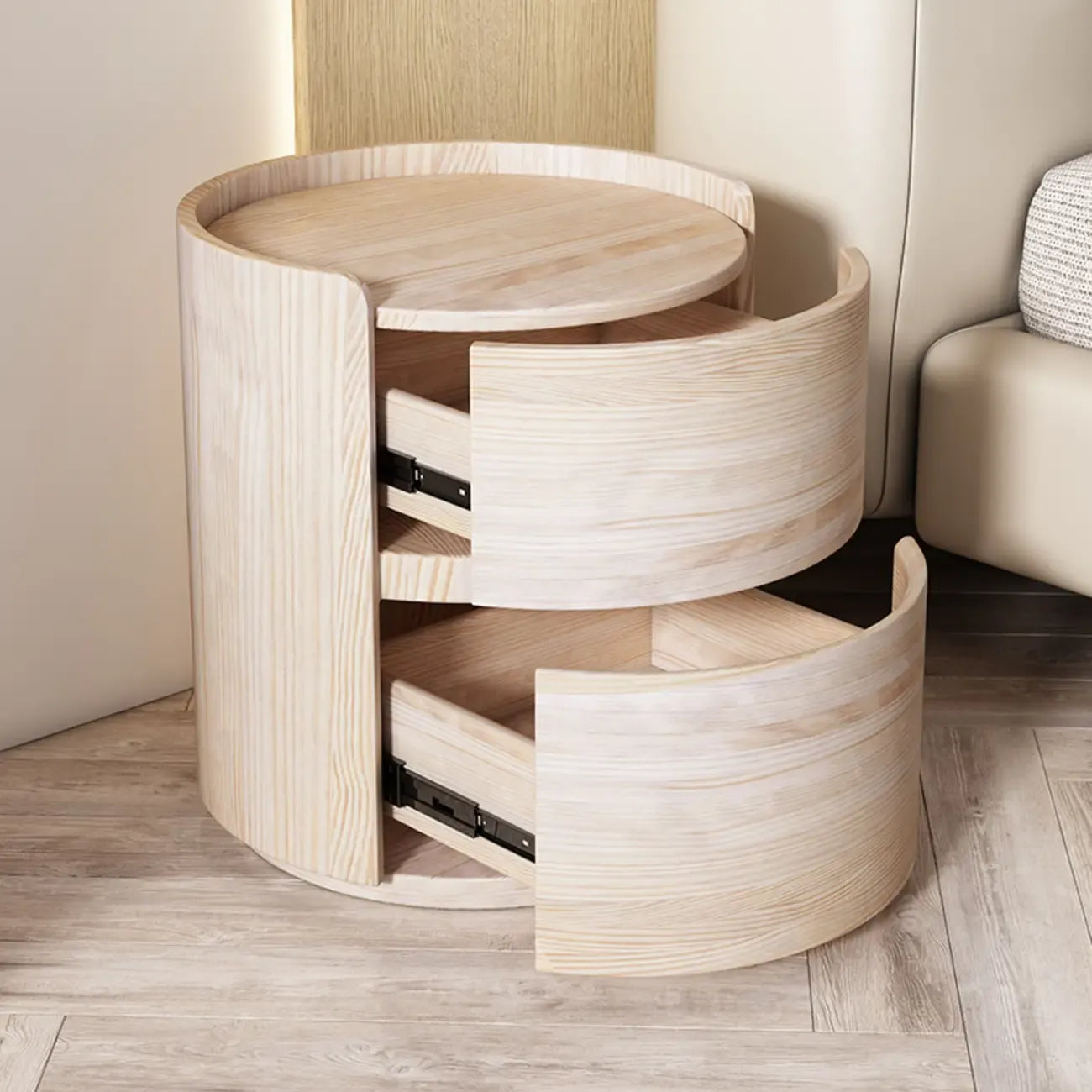 Comodino rotondo a 2 cassetti in pelle moderna