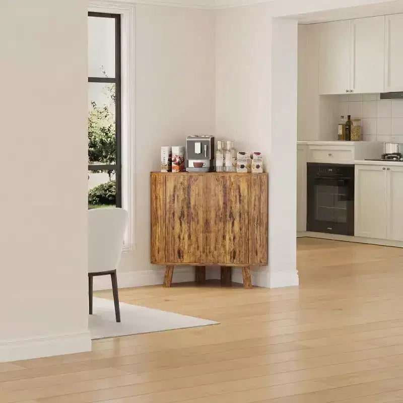 Angolo Armadio ad Angolo con Ripiano Regolabile, Tavolo ad Angolo Industriale a 3 Livelli con Ante, Tavolino Triangolare per Soggiorno, Cucina