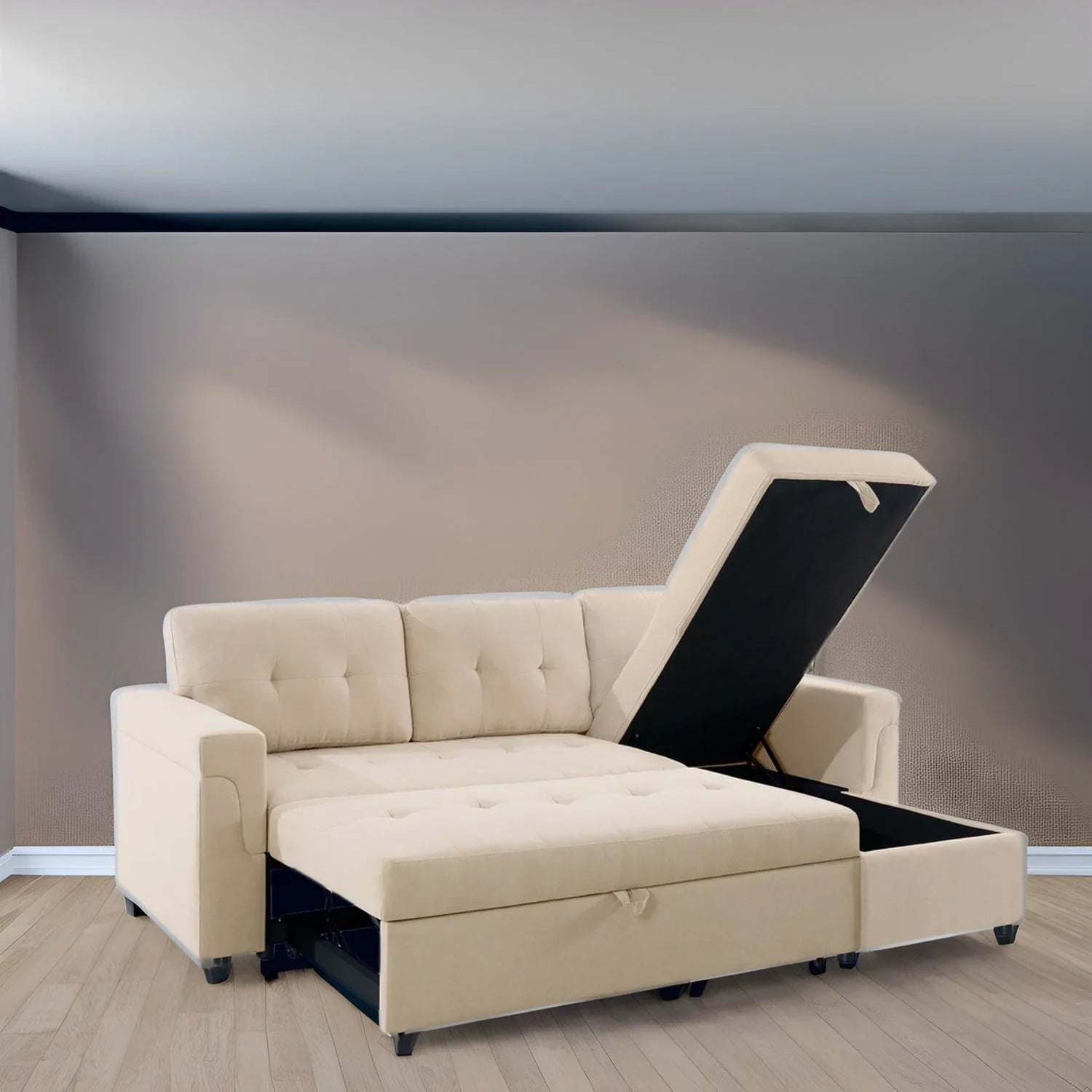 Divano componibile convertibile reversibile con letto estraibile, chaise longue con contenitore nascosto e gambe durevoli