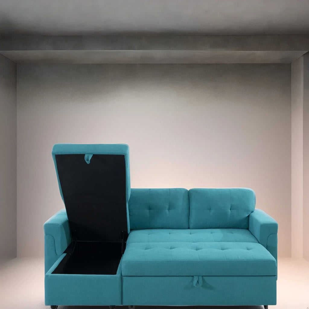 Divano componibile convertibile reversibile con letto estraibile, chaise longue con contenitore nascosto e gambe durevoli