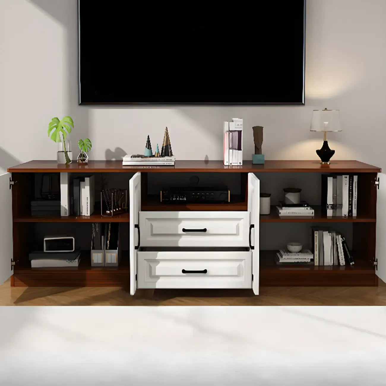 Mobile TV Moderno in Legno Bianco con Contenitore e Gestione Cavi