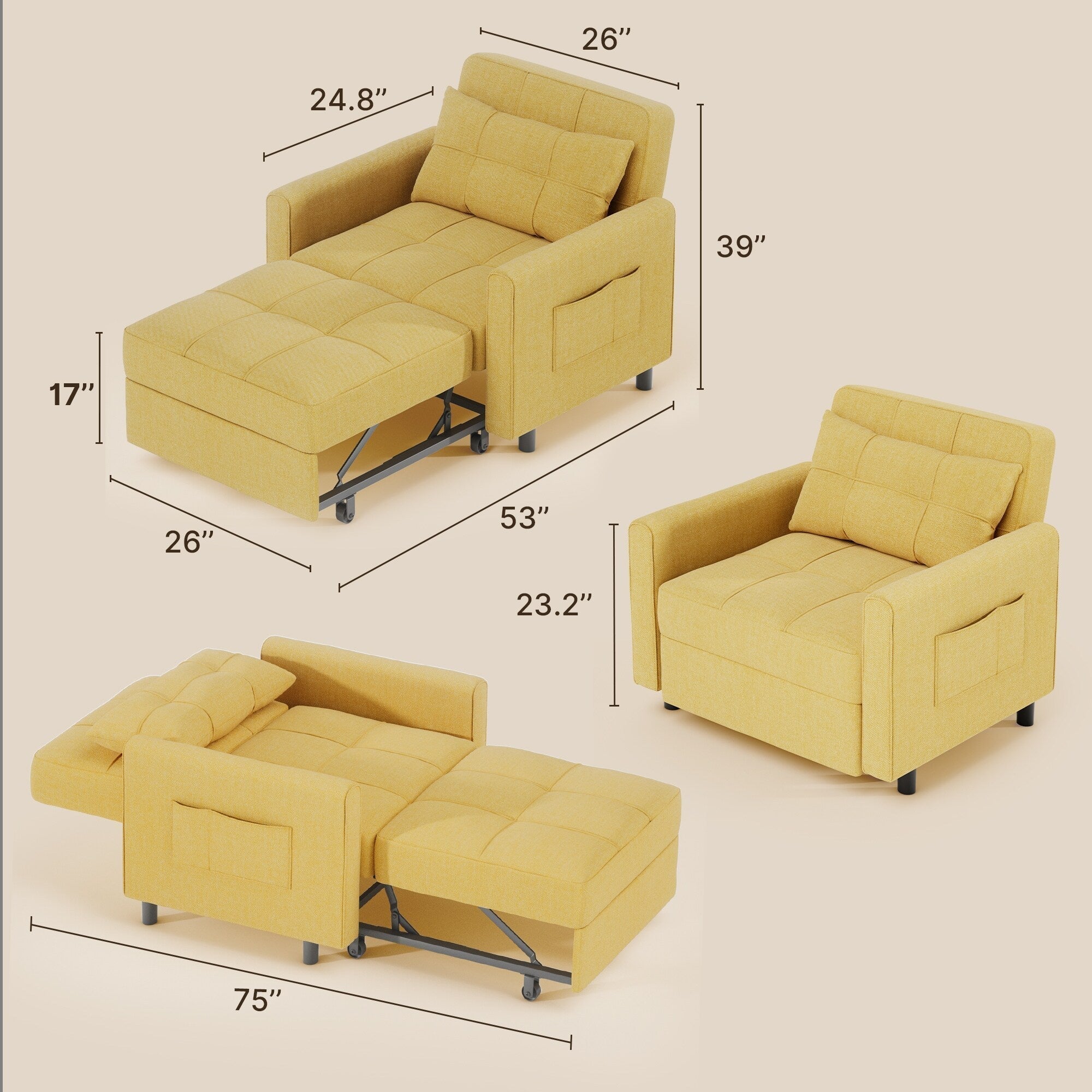 Divano letto trasformabile 3-in-1, Poltrona letto estraibile, Letto pieghevole convertibile per soggiorno