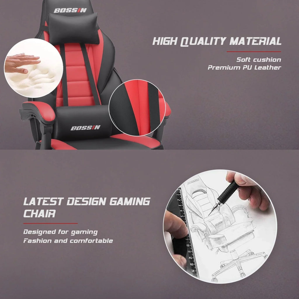 Sedia da gaming BOSSIN Racing Style, sedia da gamer per persone robuste fino a 136 kg, sedia da computer con schienale alto