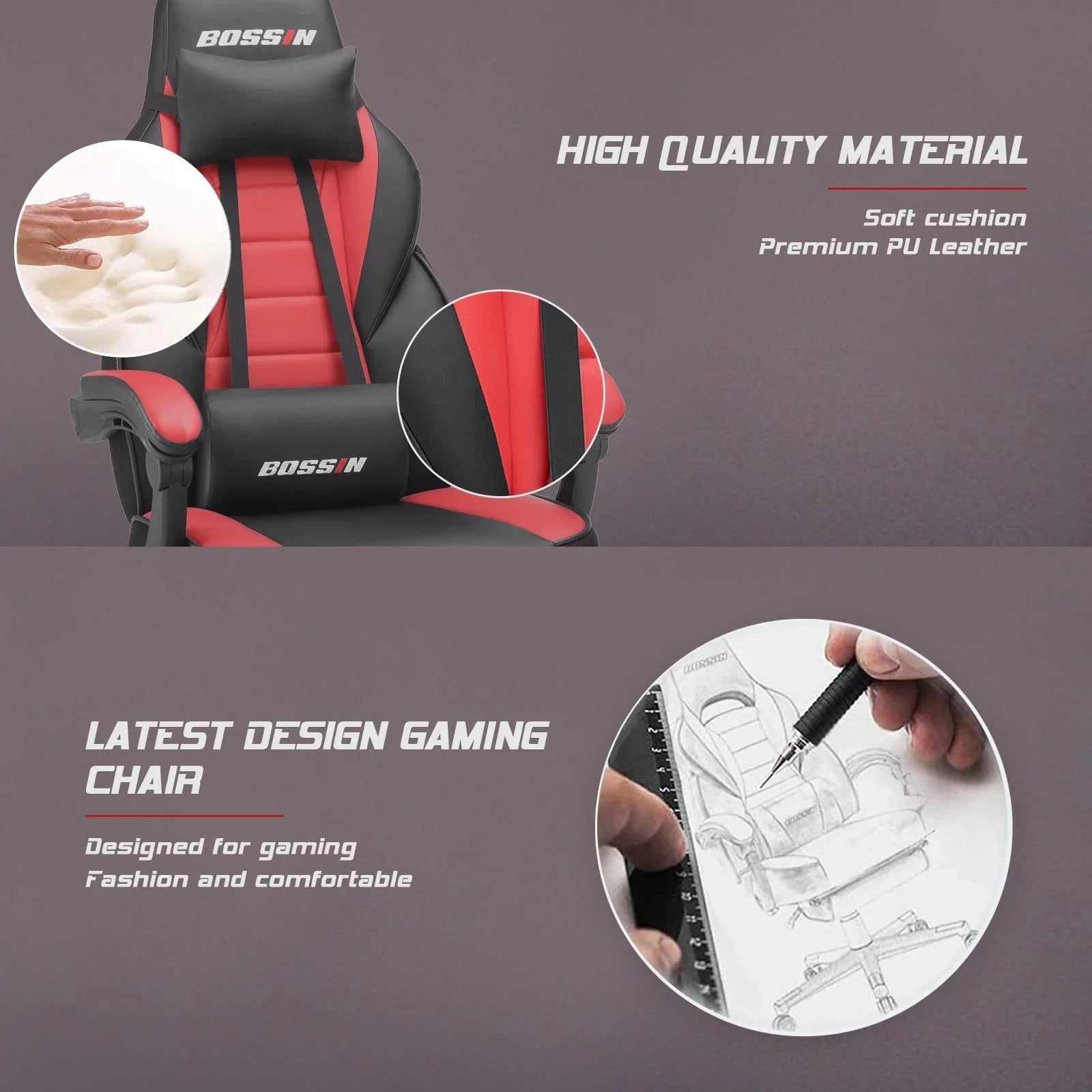 Sedia da gaming BOSSIN Racing Style, sedia da gamer per persone robuste fino a 136 kg, sedia da computer con schienale alto