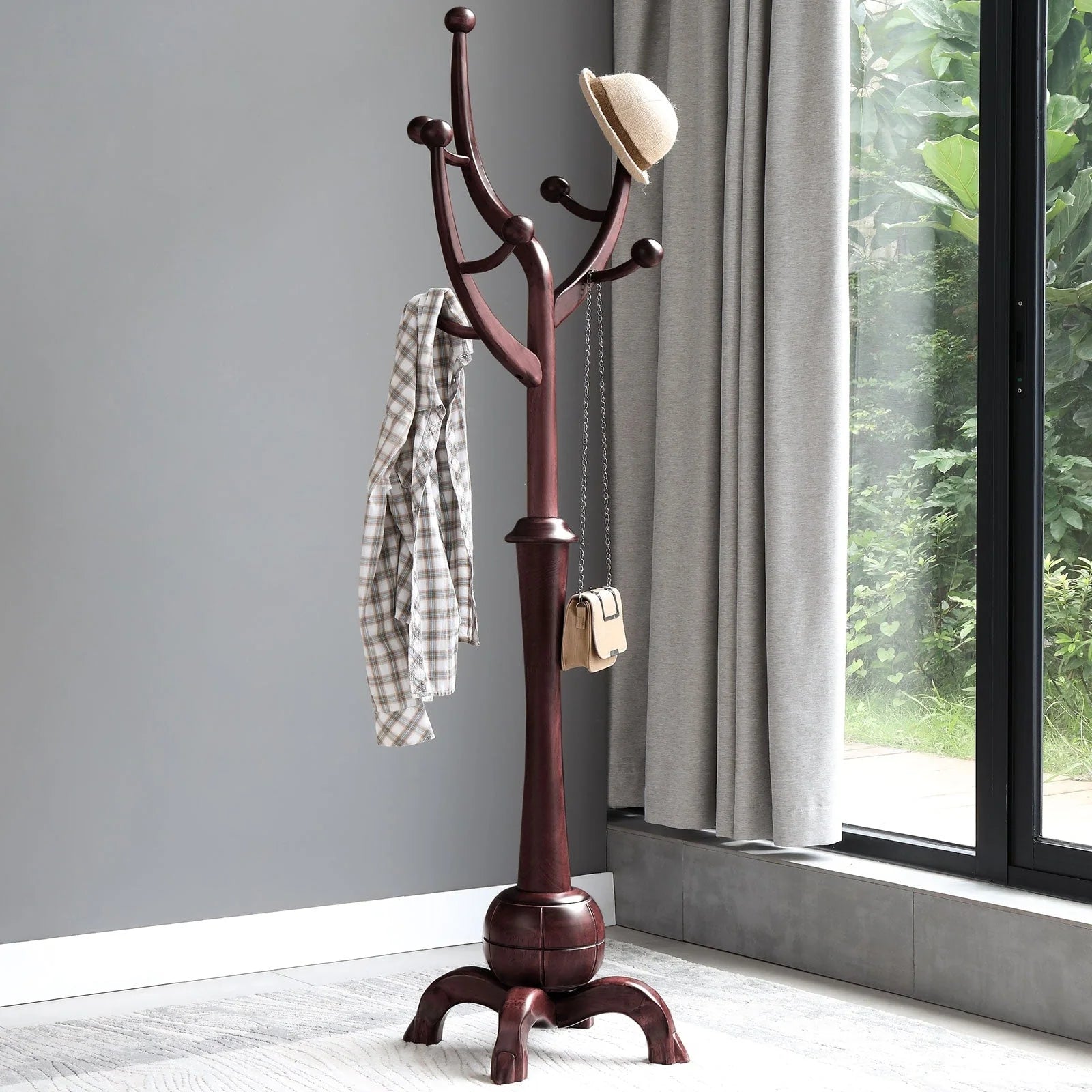 Appendiabiti da terra "ramo d'albero" in legno di gomma con 8 ganci - 24,5L x 70,87H
