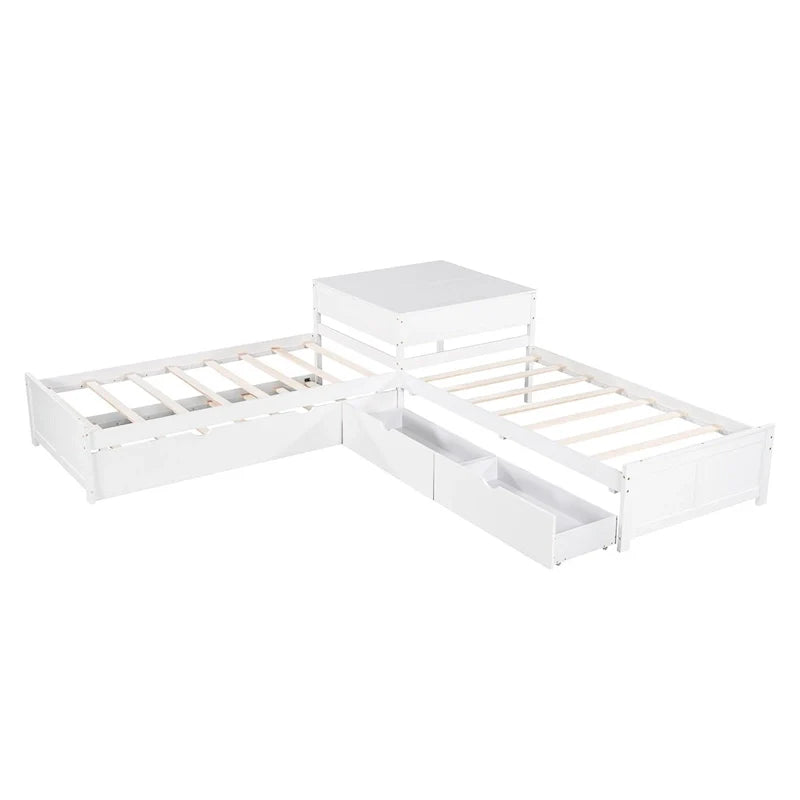Letto a piattaforma a L moderno bianco per cameretta, dimensioni singole, con letto estraibile e cassetti