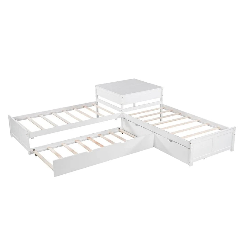 Letto a piattaforma a L moderno bianco per cameretta, dimensioni singole, con letto estraibile e cassetti