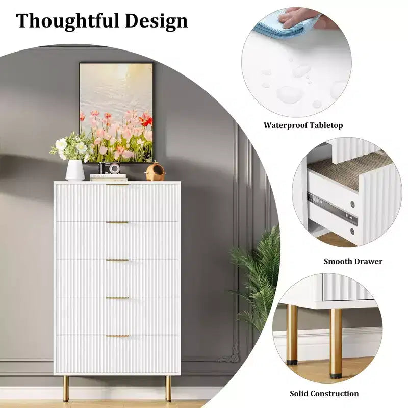 Commode 5 tiroirs Blanc / Marbre et Bois – Panneau cannelé, pour 1 personne
