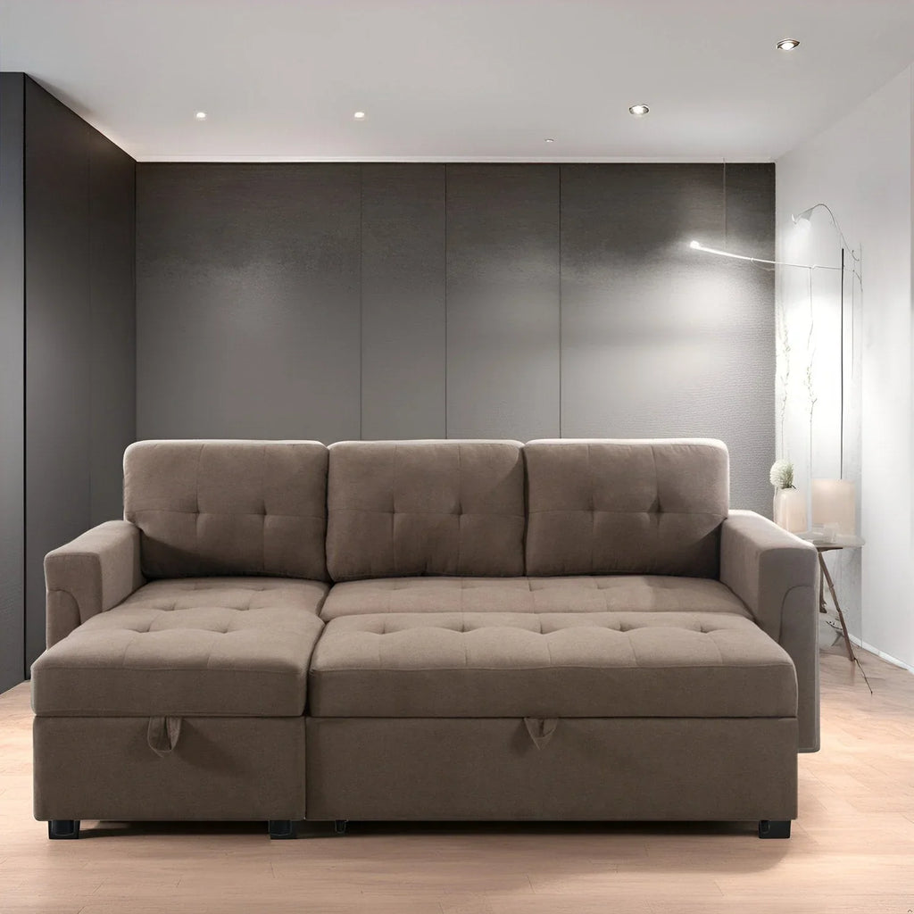Divano componibile convertibile reversibile con letto estraibile, chaise longue con contenitore nascosto e gambe durevoli
