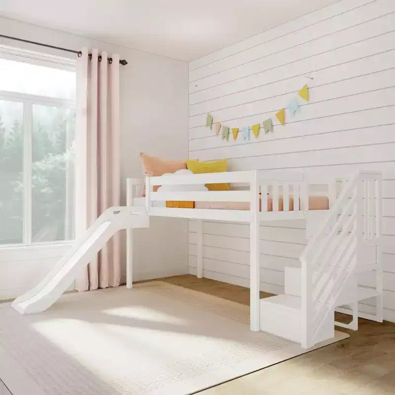 Letto a soppalco basso per bambini con scivolo e scale, in legno massiccio, 14 sponde protettive, capacità 180 kg