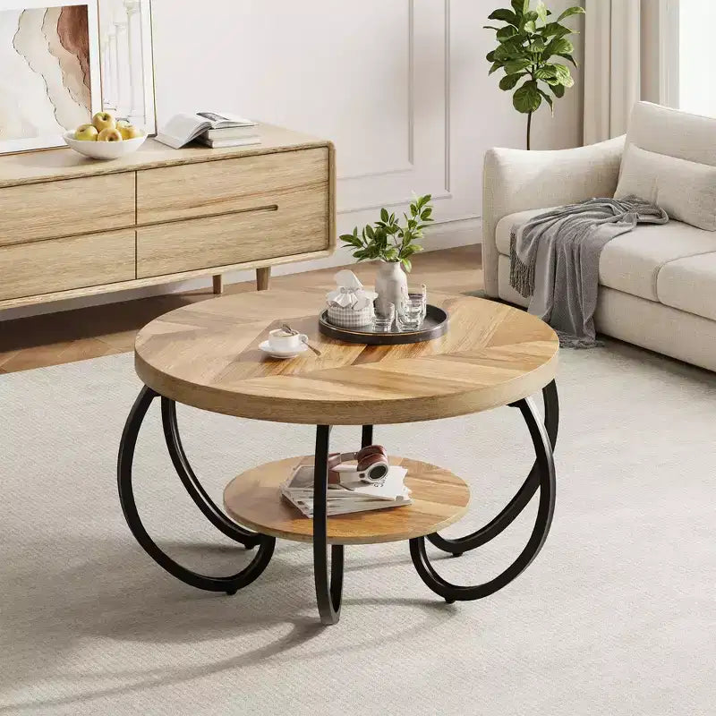 Tavolino Industriale Rotondo da 30 Pollici a 2 Livelli con Piedini Regolabili Ripiano Effetto Legno Design Fiamma Facile da Montare Soggiorno
