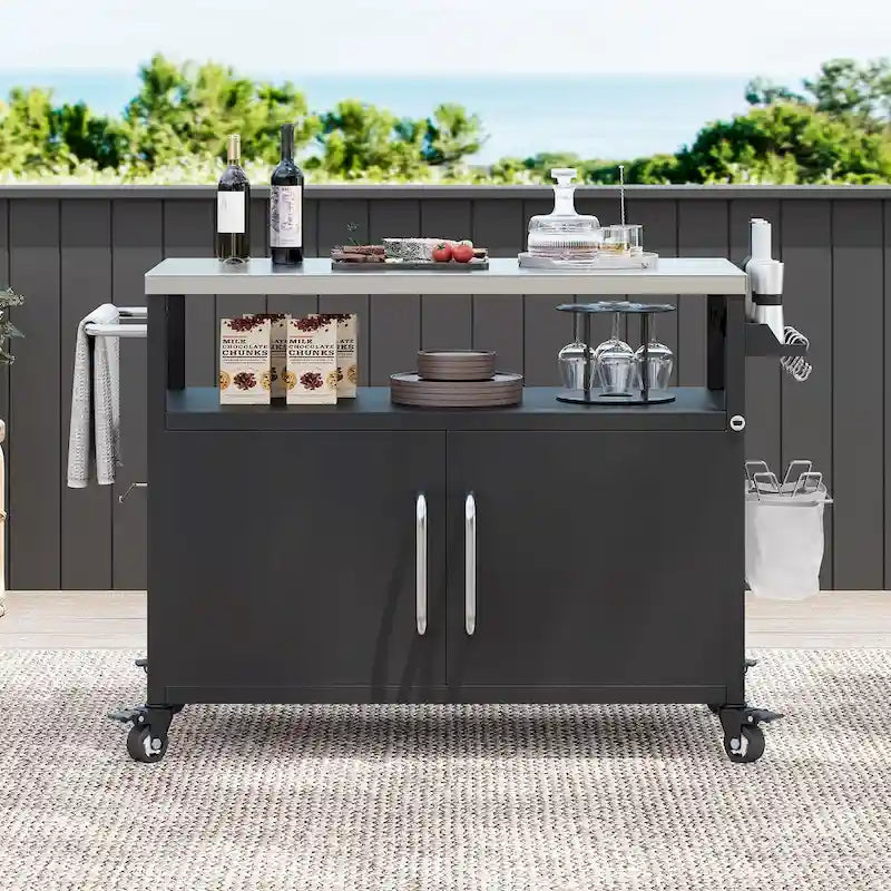 Isola da cucina per esterni con piano in acciaio inossidabile, carrello per barbecue in metallo con armadio di stoccaggio - N/A