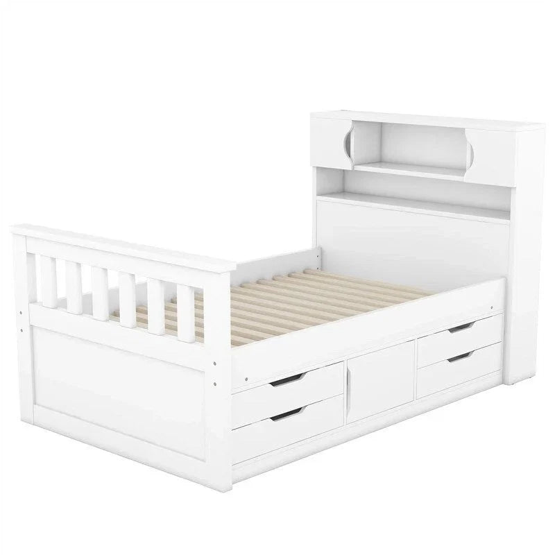 Letto a piattaforma Twin/Full Size Captain con 4 cassetti e mensole portaoggetti, struttura letto in legno massello con testiera libreria contenitore