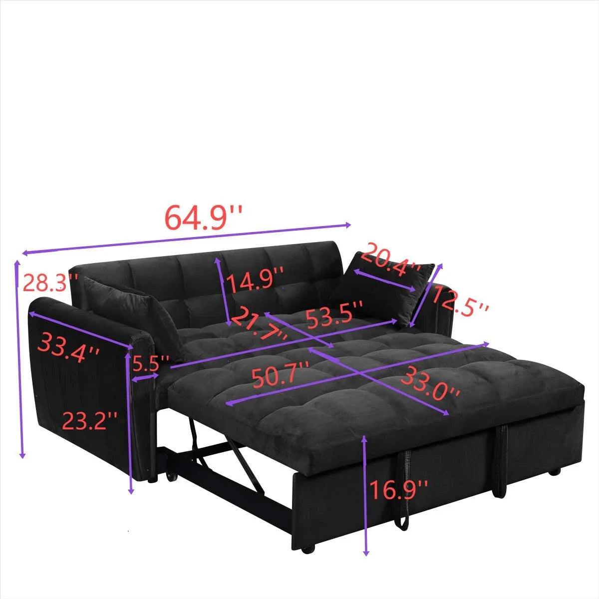 64,96 Velvet Divano Letto Convertibile 3-in-1 con Schienale Regolabile, Tasca Portaoggetti e Capacità di Carico di 227 kg
