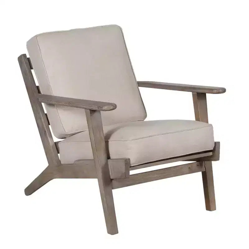 Poltroncina artigianale in legno di mango con sedile imbottito e gambe oblique