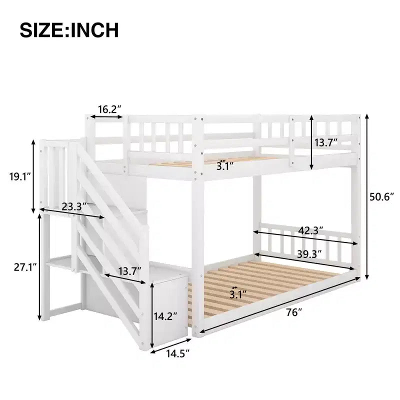 Letto a Castello in Legno Massello Gemello su Gemello, Letto a Castello Basso con Scala Contenitore e Sponda di Sicurezza per Bambini e Ragazzi, Facile da Montare