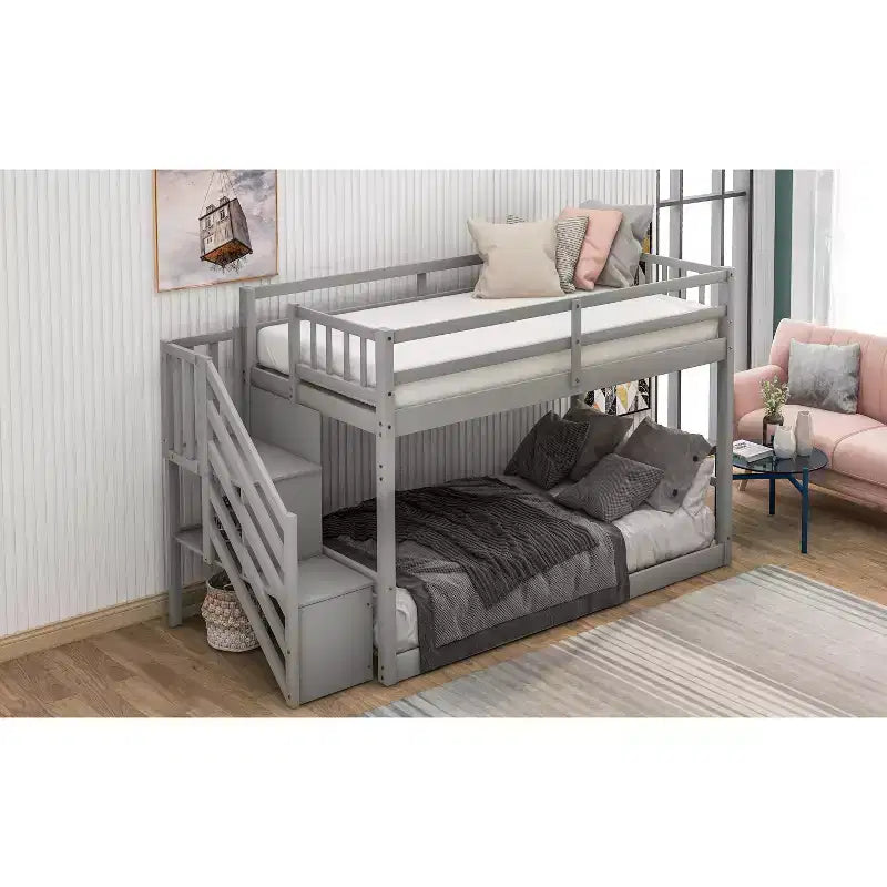 Letto a Castello in Legno Massello Gemello su Gemello, Letto a Castello Basso con Scala Contenitore e Sponda di Sicurezza per Bambini e Ragazzi, Facile da Montare