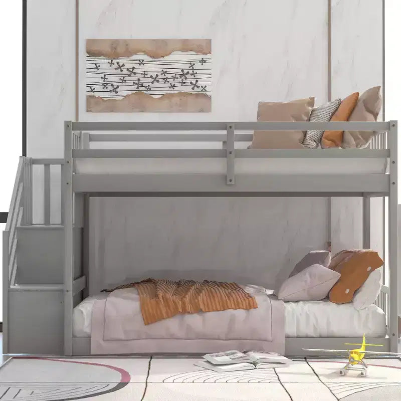 Letto a Castello in Legno Massello Gemello su Gemello, Letto a Castello Basso con Scala Contenitore e Sponda di Sicurezza per Bambini e Ragazzi, Facile da Montare