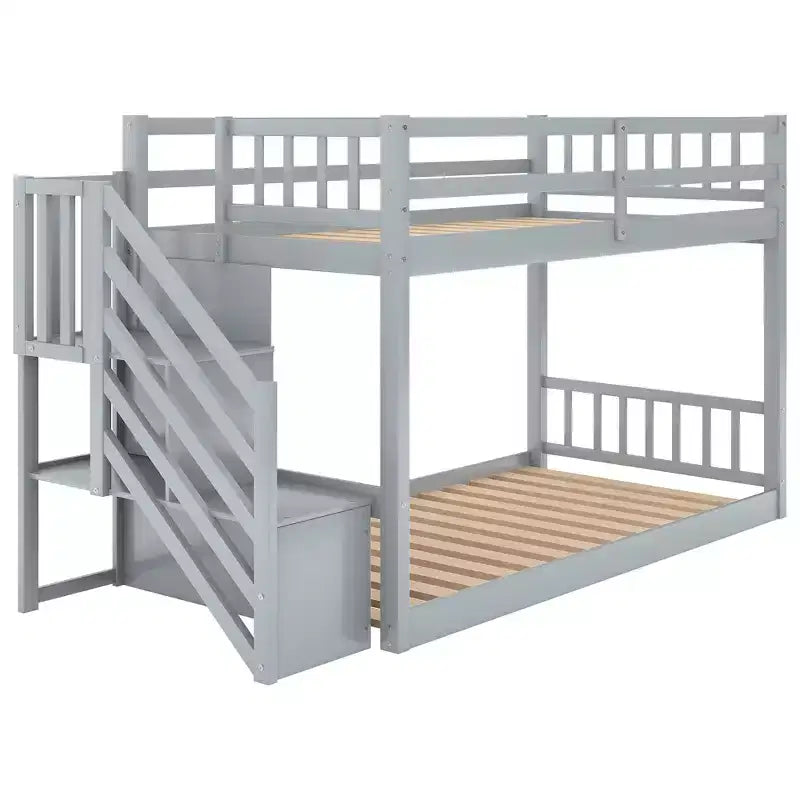 Letto a Castello in Legno Massello Gemello su Gemello, Letto a Castello Basso con Scala Contenitore e Sponda di Sicurezza per Bambini e Ragazzi, Facile da Montare