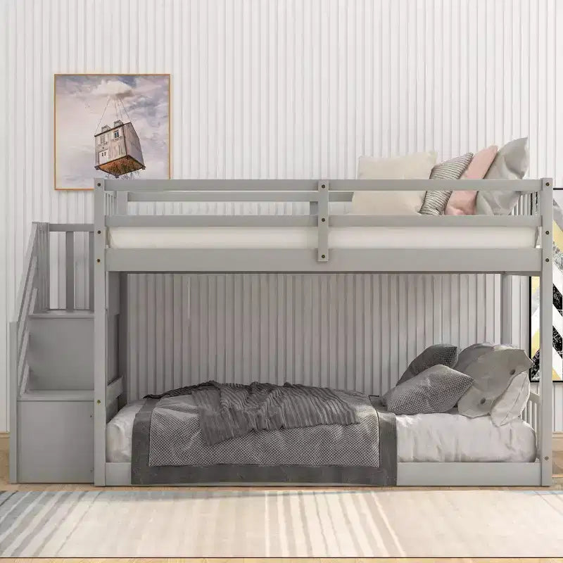 Letto a Castello in Legno Massello Gemello su Gemello, Letto a Castello Basso con Scala Contenitore e Sponda di Sicurezza per Bambini e Ragazzi, Facile da Montare